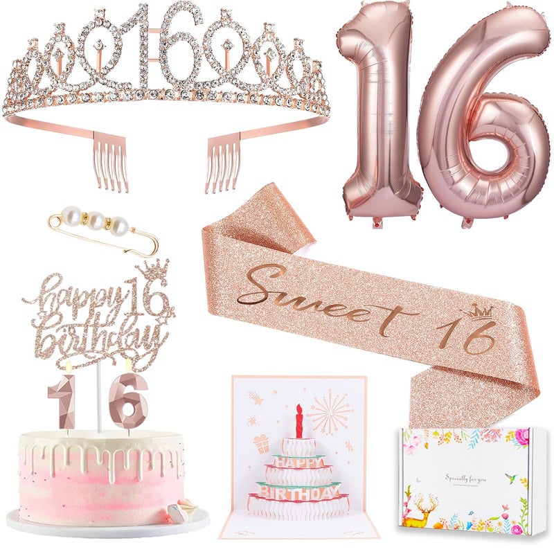 Awfrky 8pcs Sweet 16 Birthday Decorations for Girls  Including 16th Happy Birthday Cake Toppers  Birthday Queen Sash with Pearl Pin  Sweet Rhinestone Tiara Crown  Number Candles and Balloons Set  Rose Gold - Image 1